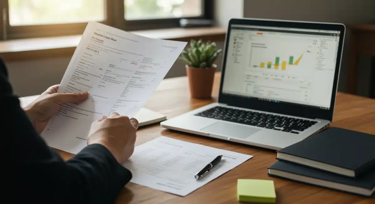 Individual analyzing student loan statements and financial planning software