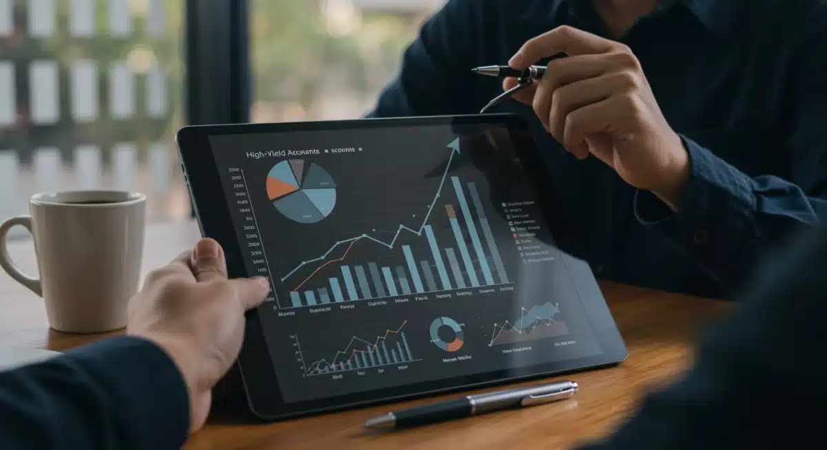 Person analyzing high-yield savings account growth on a tablet in a home office.