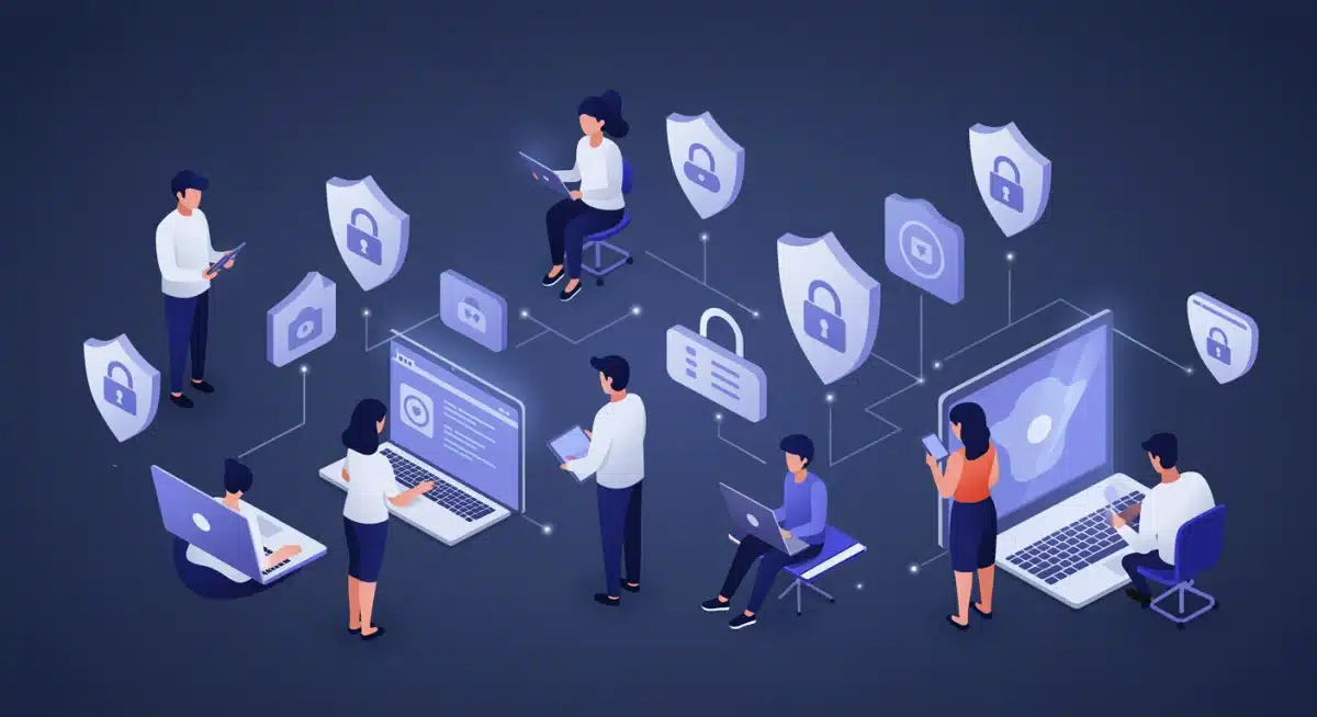 Consumers using digital devices with privacy shields, illustrating enhanced data protection.