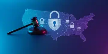 Digital lock icon over US map, representing new data privacy regulations and consumer protection.
