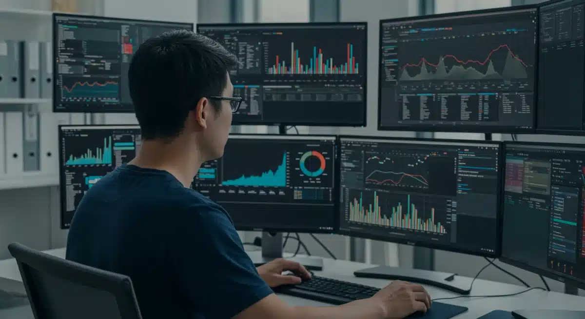 Data scientist working with complex data visualizations on multiple monitors