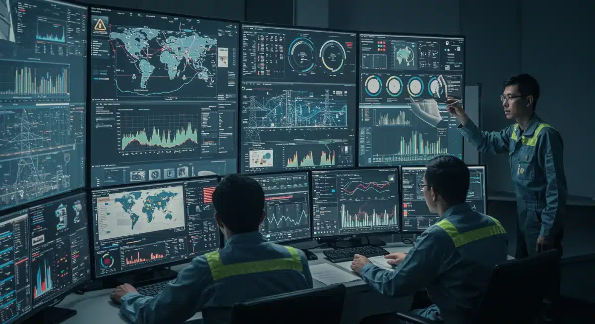 Engineers monitoring smart grid data in a control room