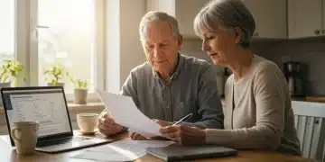 Senior couple reviewing Social Security benefit statements and financial plans.