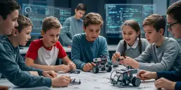 Students building robots in a modern STEM classroom, representing future career skills