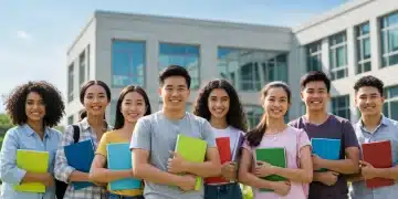 Students smiling in front of a university building, symbolizing educational financial relief