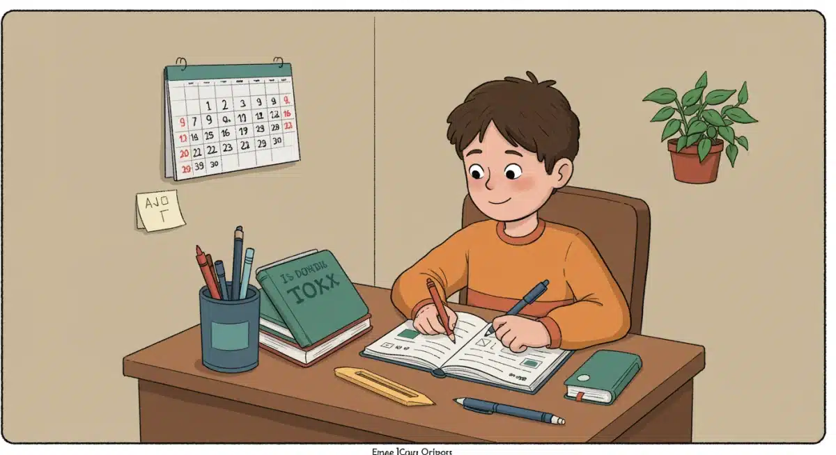 Child focused on homework at an organized desk, representing effective study habits.