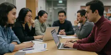 College students reviewing FAFSA documents in a modern library