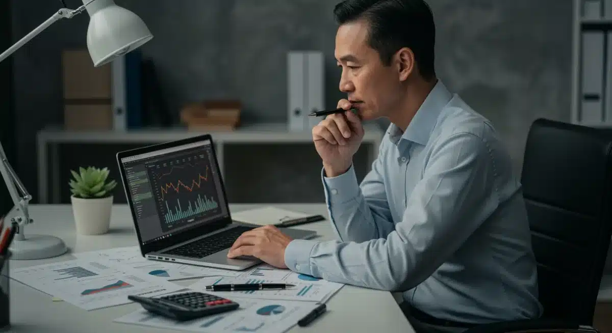 Individual analyzing financial data on a laptop, considering mortgage refinancing options