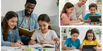 Parents and children happily learning together at home, fostering a positive academic environment.