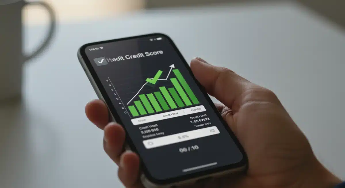 Smartphone displaying credit score monitoring app with positive trend.