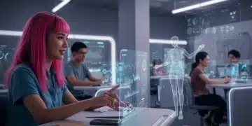 Futuristic online classroom with AI and holographic learning