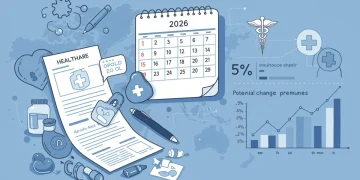 Policy documents, medical symbols, and a 2026 calendar showing potential 5% insurance premium changes due to healthcare reform.