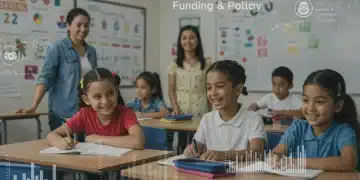 Diverse K-12 students and teachers in modern classroom, symbolizing education funding impact