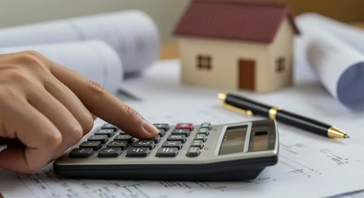 Hand holding calculator with mortgage figures and house blueprint