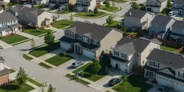 Suburban American neighborhood with diverse homes and financial overlay