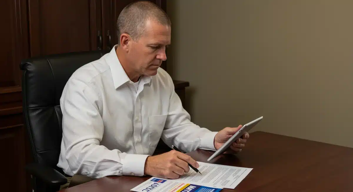 Veteran reviewing VA benefits documents on a tablet at a desk.