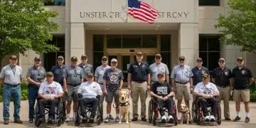 Veterans gathered in front of a government building, symbolizing support and community.