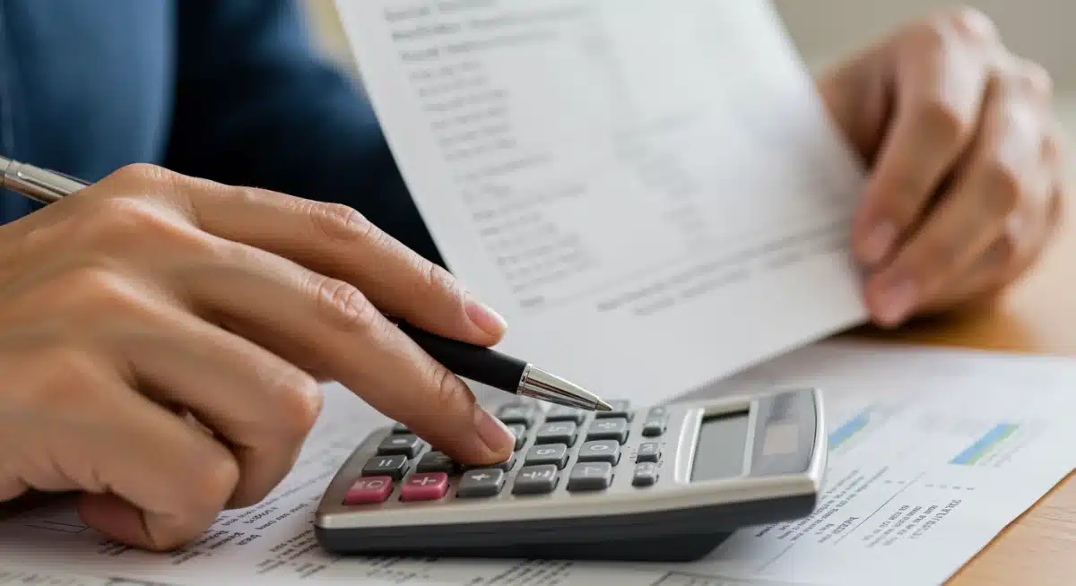 Hands calculating future 2026 Social Security benefits on a calculator with financial documents.