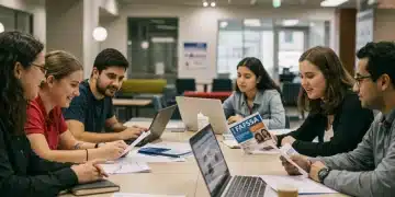 College students discussing FAFSA 2026 application strategies in a library