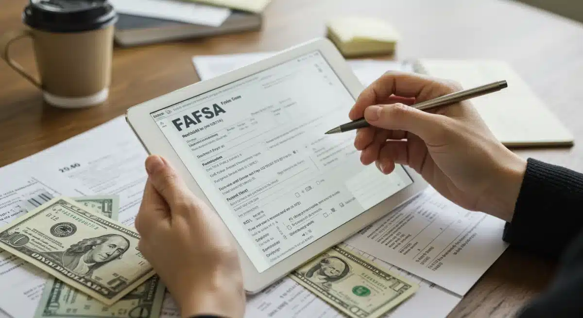 Person filling out FAFSA form on tablet with financial documents, illustrating the application process for Pell Grant eligibility.