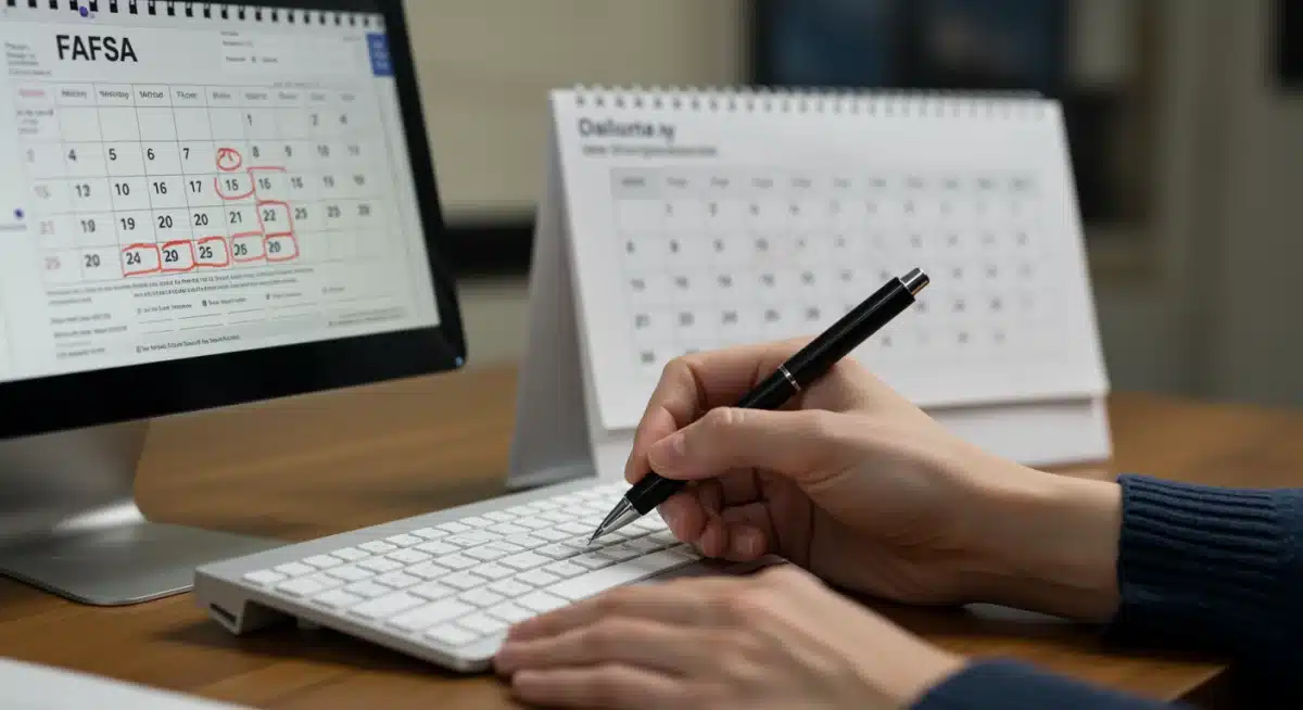 Hand completing FAFSA form online, emphasizing application deadlines