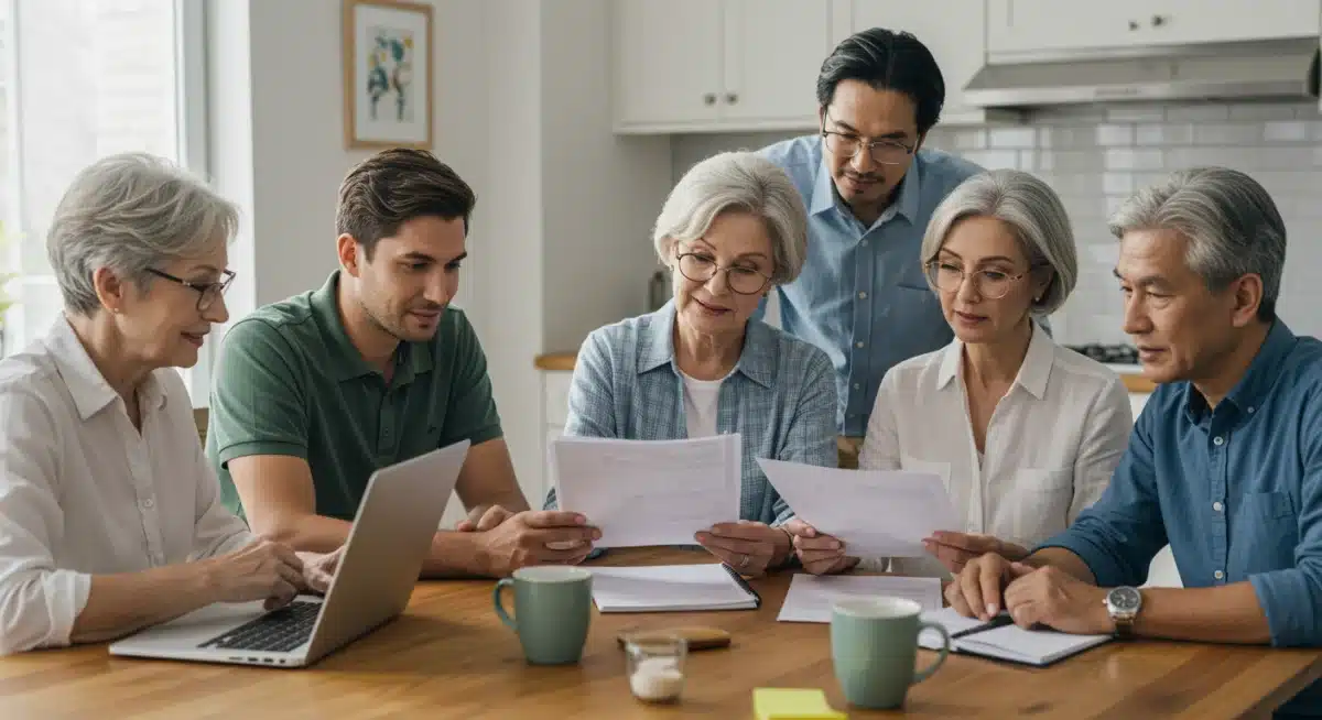 Multi-generational family discussing 2026 Social Security benefits and financial planning at home.