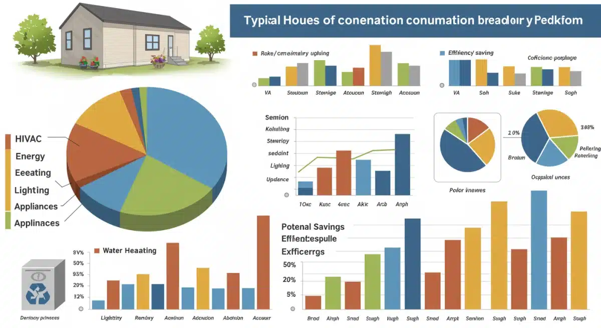 Infographic showing household energy consumption breakdown and potential savings from efficiency upgrades