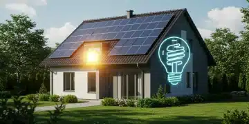 Modern energy-efficient home with solar panels and energy saving lightbulb icon