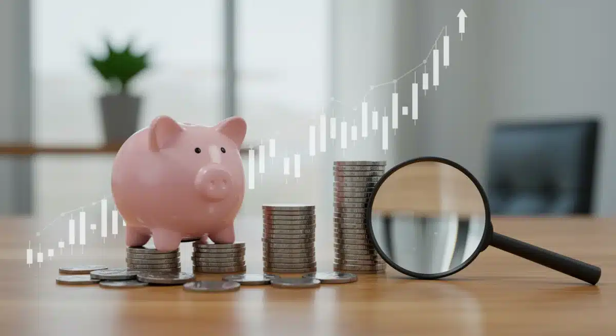 Piggy bank on coins with a magnifying glass, illustrating savings and investment growth strategies.