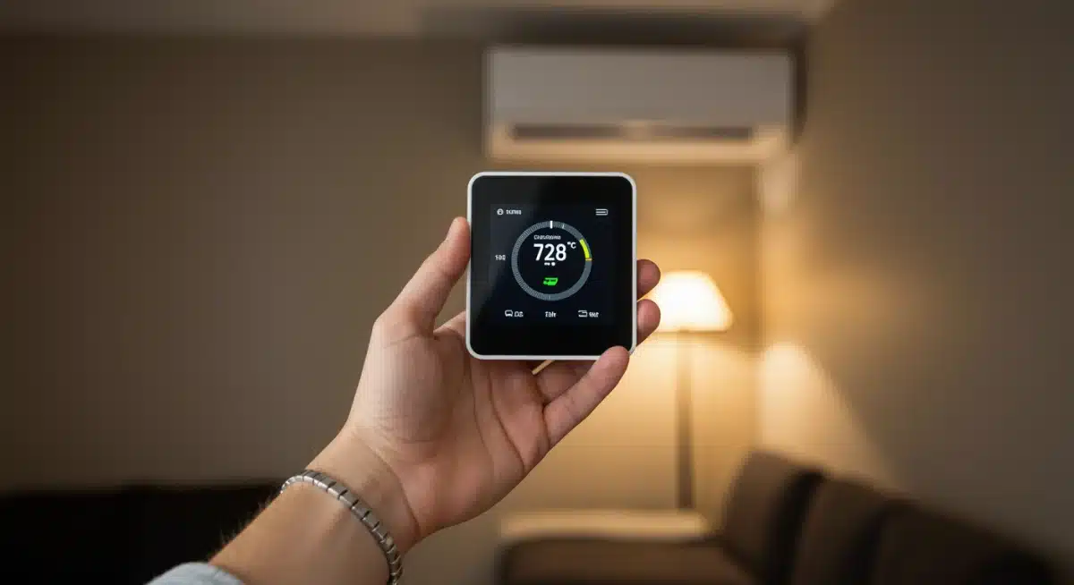 Hand holding smart thermostat in front of modern HVAC unit in a living room