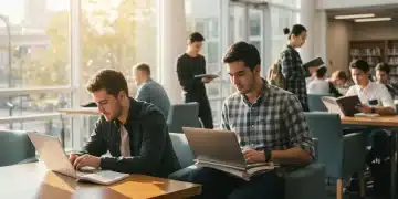 College students studying in a modern library, representing higher education access and financial aid opportunities.
