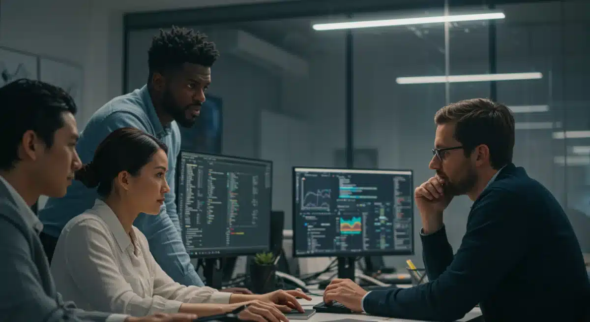 Team collaborating on implementing new cybersecurity protocols