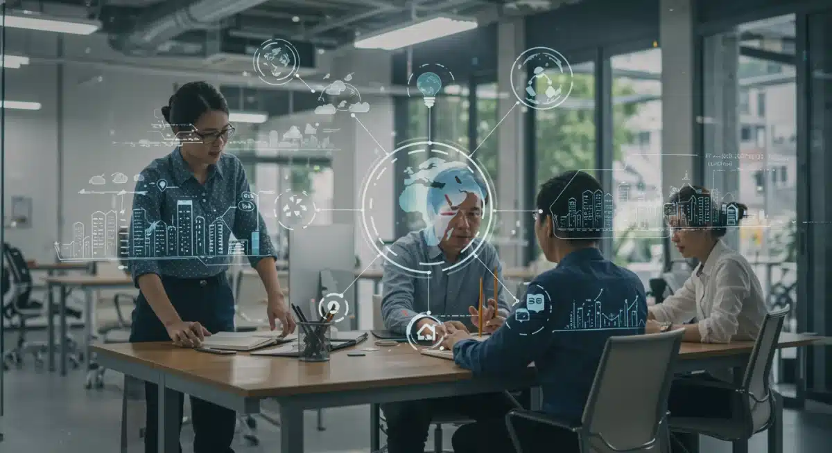 Team collaborating on sustainable energy and environmental solutions