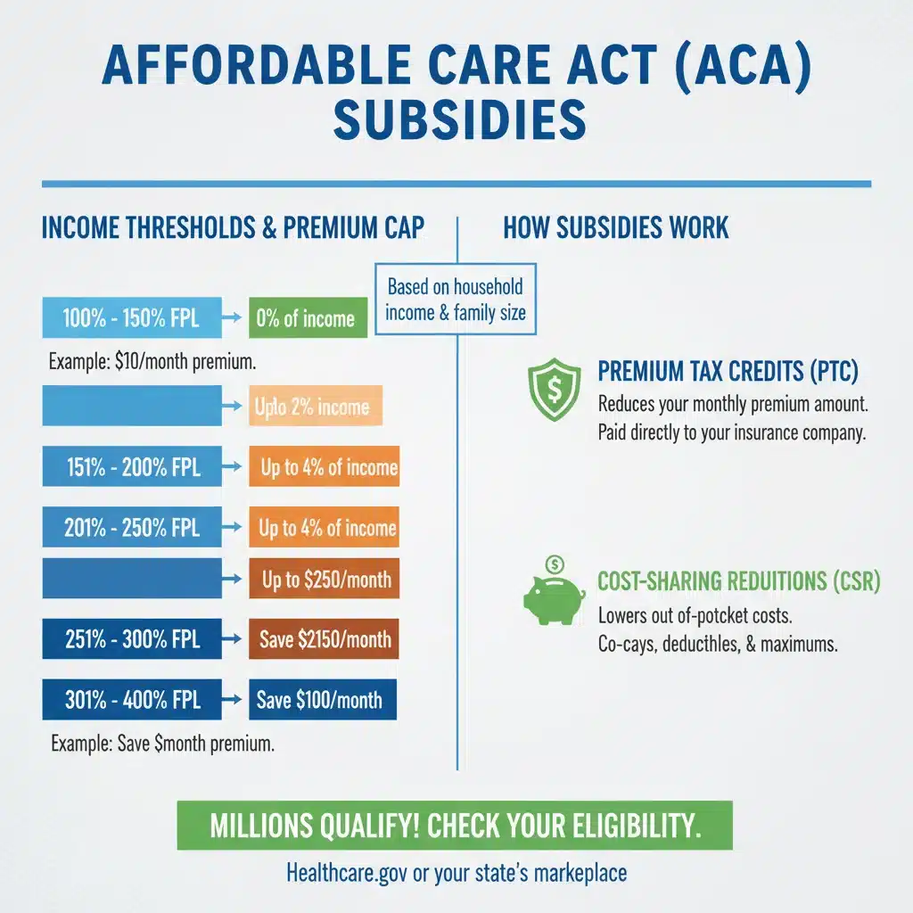 Infographic showing ACA subsidy income thresholds and premium reductions