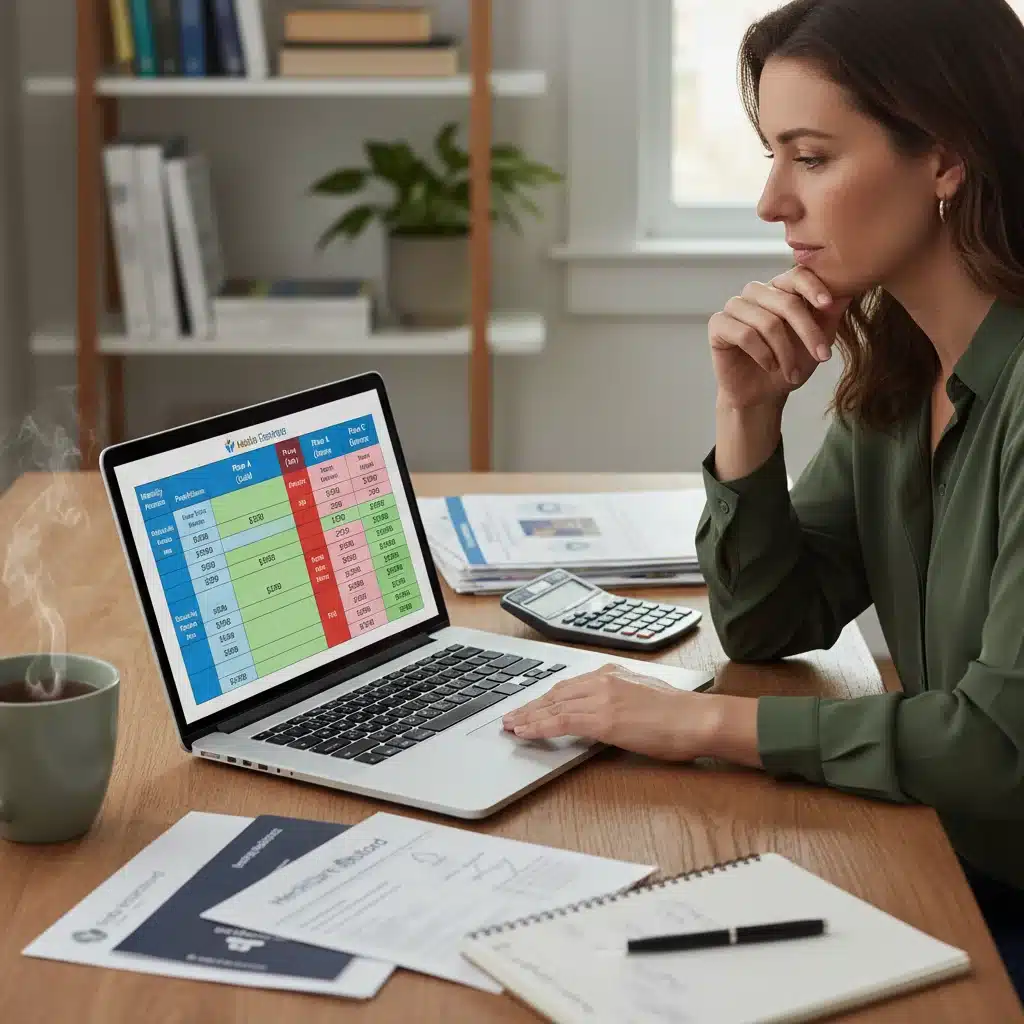 Individual comparing health insurance plans and policy details on a laptop.