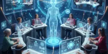 Students engaging with futuristic online learning technologies and AI tutors.