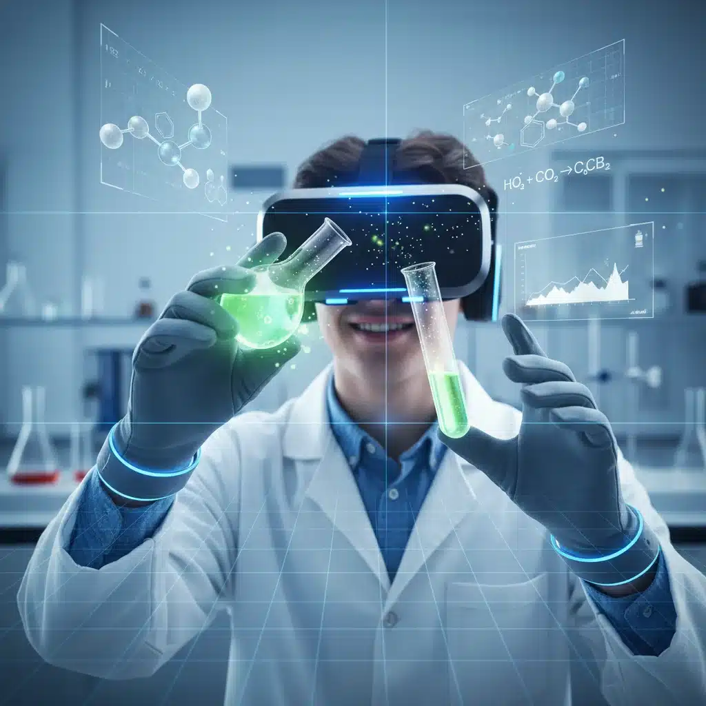Student in VR headset exploring a virtual reality chemistry lab.
