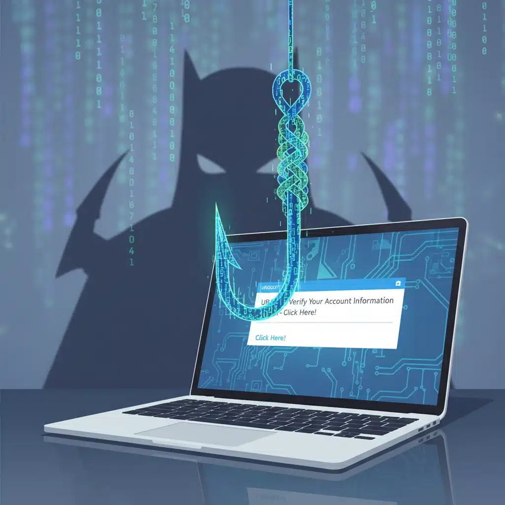 Phishing attack illustration with digital fishing hook and email inbox