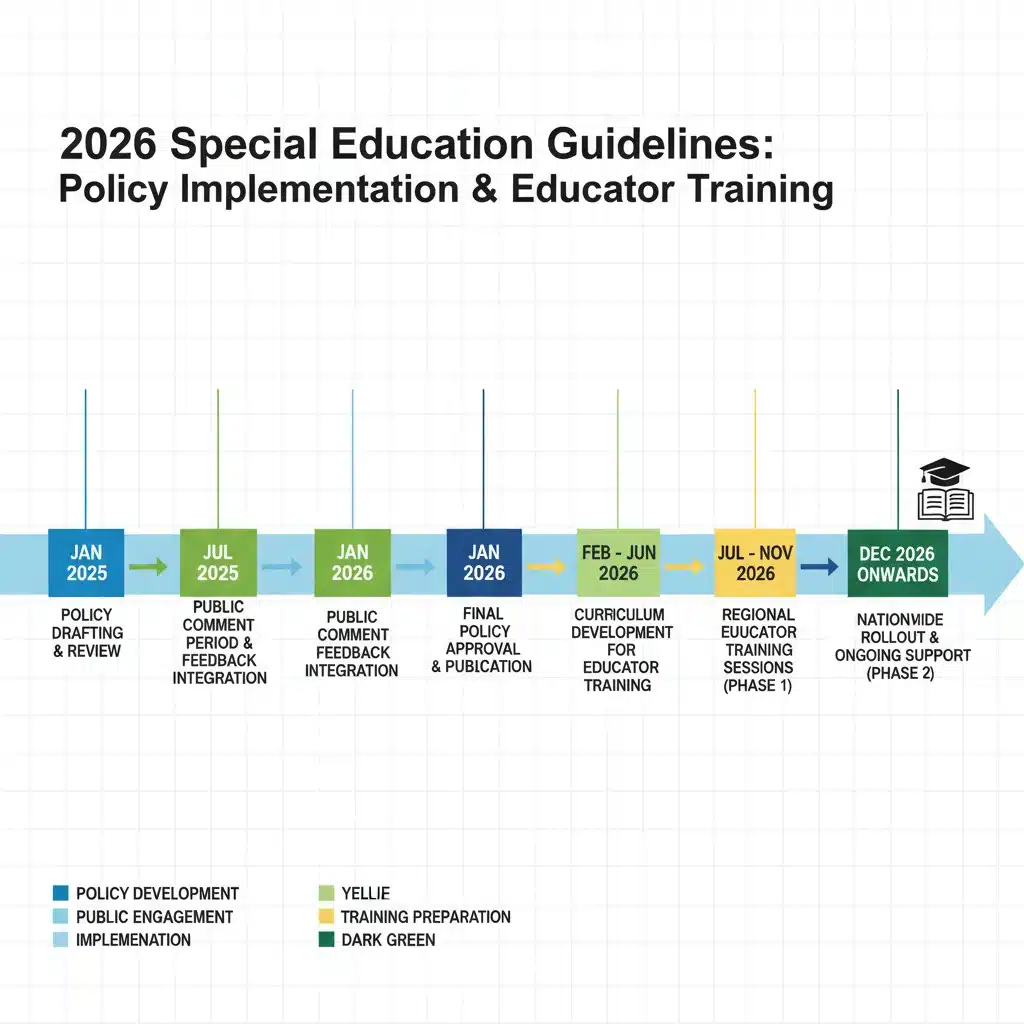Infographic depicting a timeline for implementing 2026 special education federal guidelines.