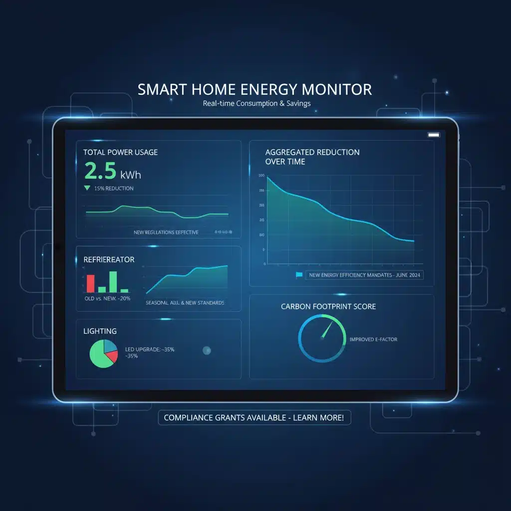 Smart home dashboard showing energy usage and savings
