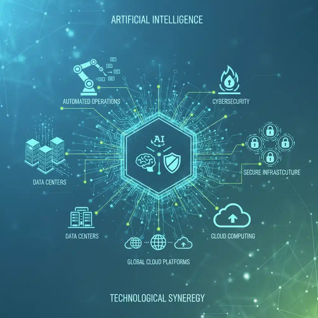 Interconnected AI, cybersecurity, and cloud computing graphic.