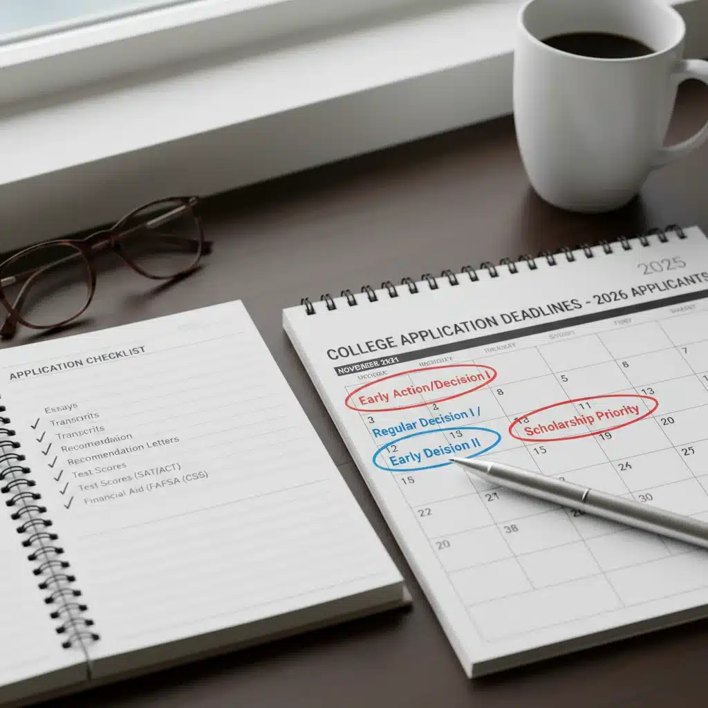 College application deadlines marked on a calendar with a checklist.