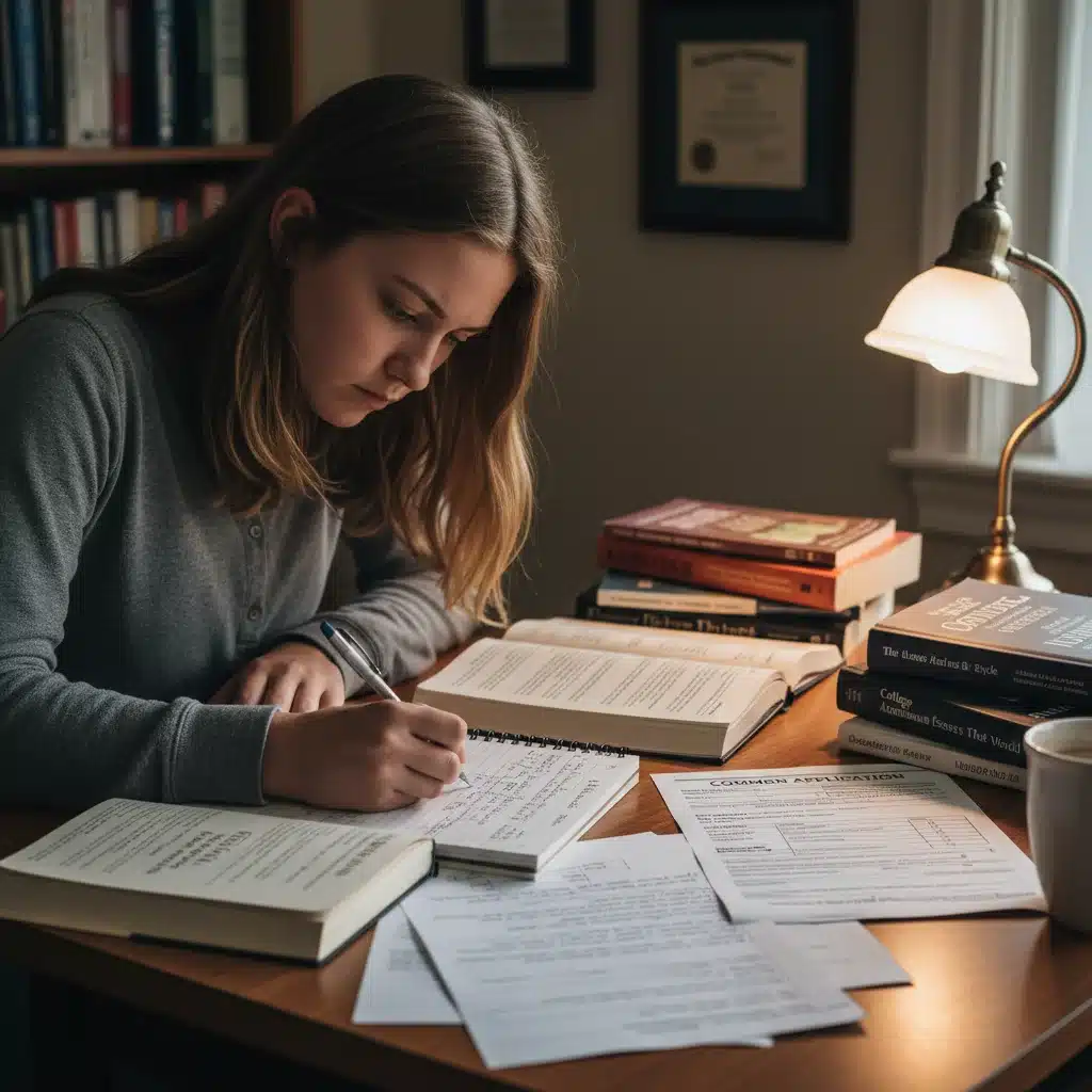 Student writing a compelling college application essay.