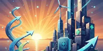 Financial growth chart overlaying futuristic city and industry icons, symbolizing investment opportunities.