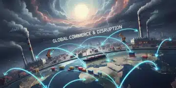 Global supply chain network with intermodal transport and factories, illustrating ongoing disruptions.