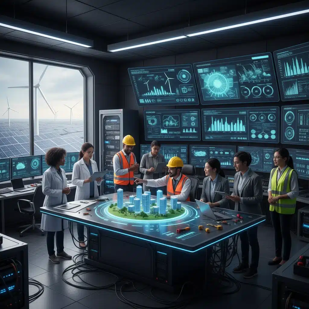 Engineers and technicians collaborating on a renewable energy project in a control room.