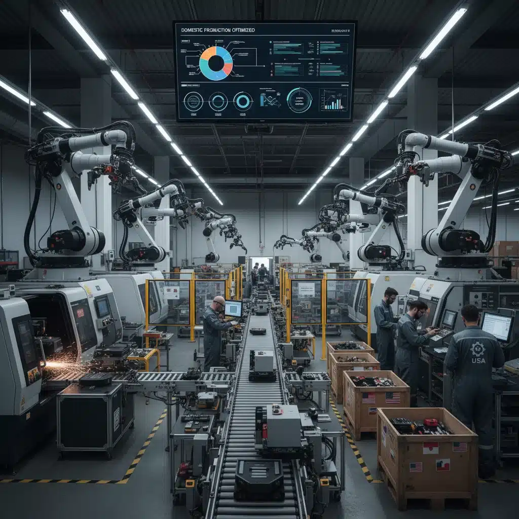 Automated factory floor with workers, representing reshoring and localized production efforts.