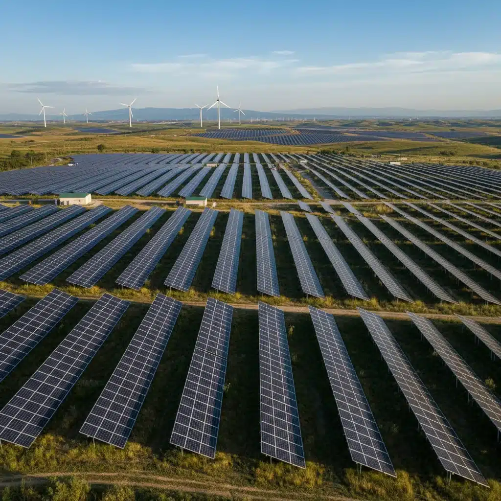 Large-scale solar farm and wind turbines symbolizing renewable energy infrastructure.