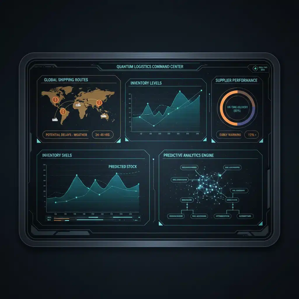 Digital dashboard showing real-time supply chain analytics and predictive data.