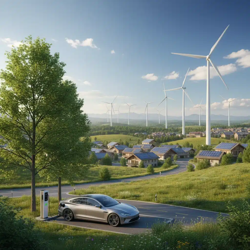 Solar panels, wind turbines, and electric car charging station illustrating sustainable energy.